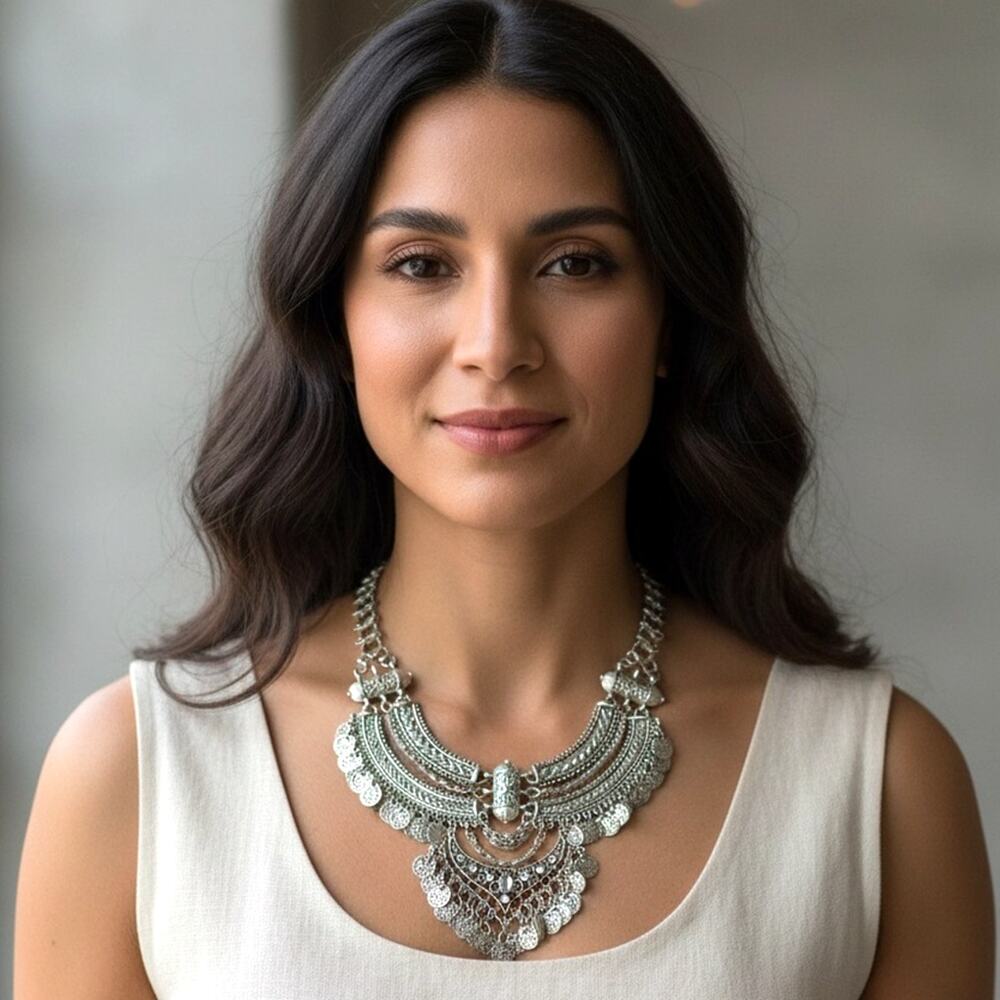 ✨ Boho Silver Statement Necklace | Vintage-Inspired Layered Bib Necklace ✨